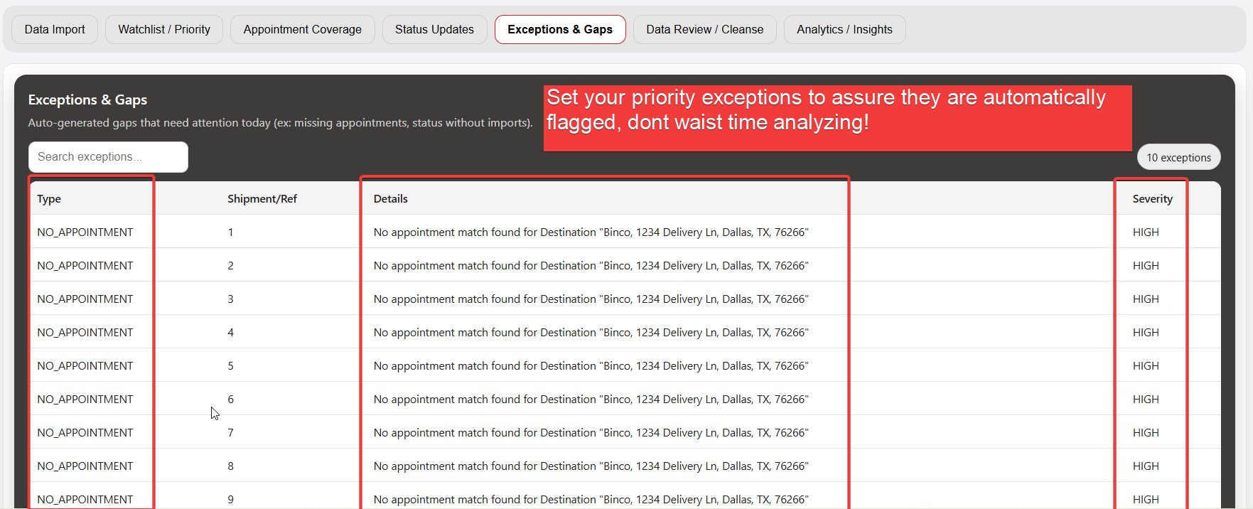 Exceptions tab screenshot